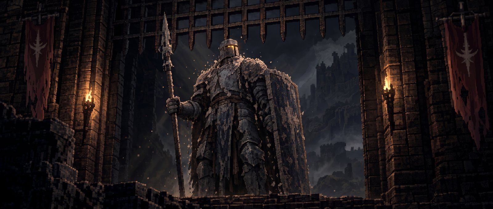 Pixel art: an armored knight with a spear beneath a torch-lit castle gate at night
