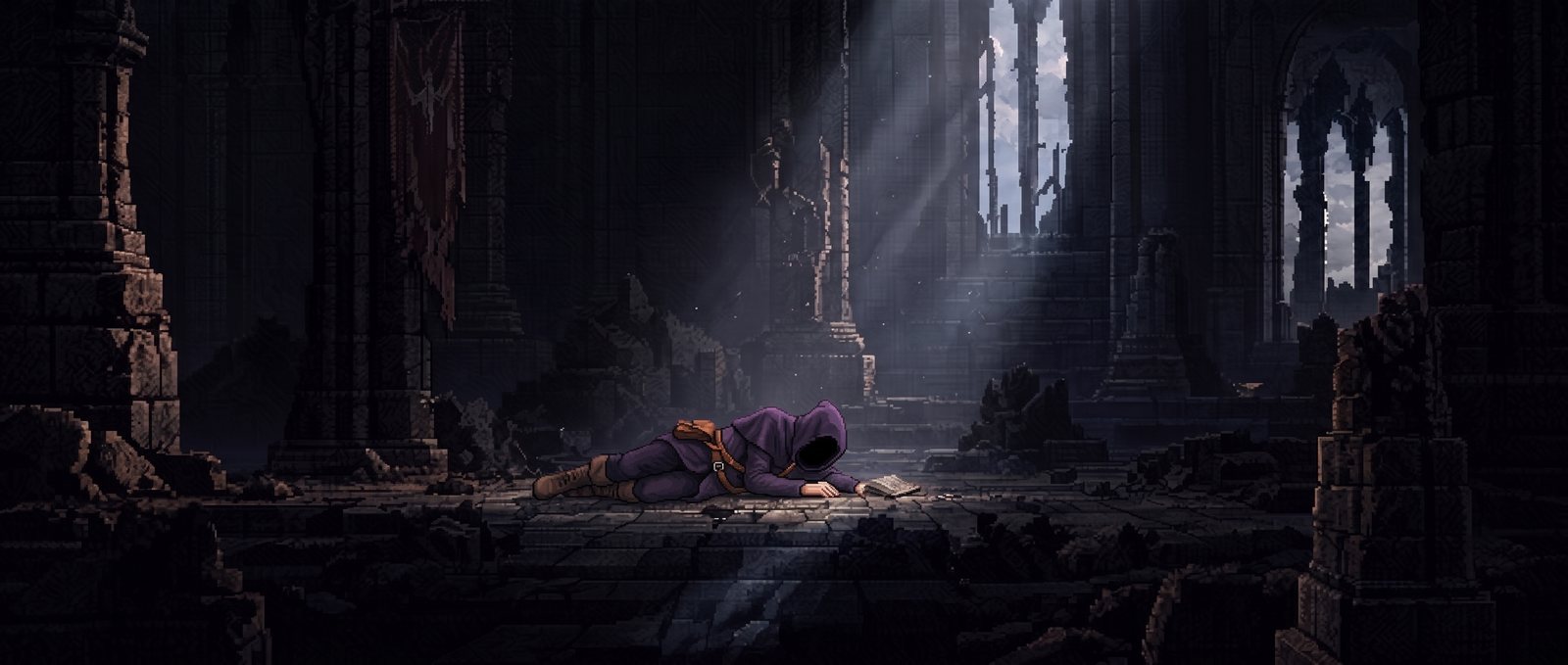 Pixel art poster: a hooded figure resting in a ruined cathedral under a shaft of light